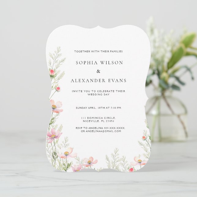 Wildflowers Wedding invitation in a soft romantic, (Standing Front)