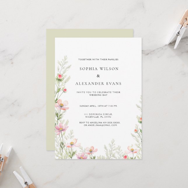 Wildflowers Wedding invitation in a soft romantic, (Front/Back In Situ)