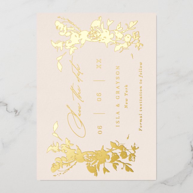 Wildflowers Wedding Save The Date Blush & Gold Foil Invitation (Front)