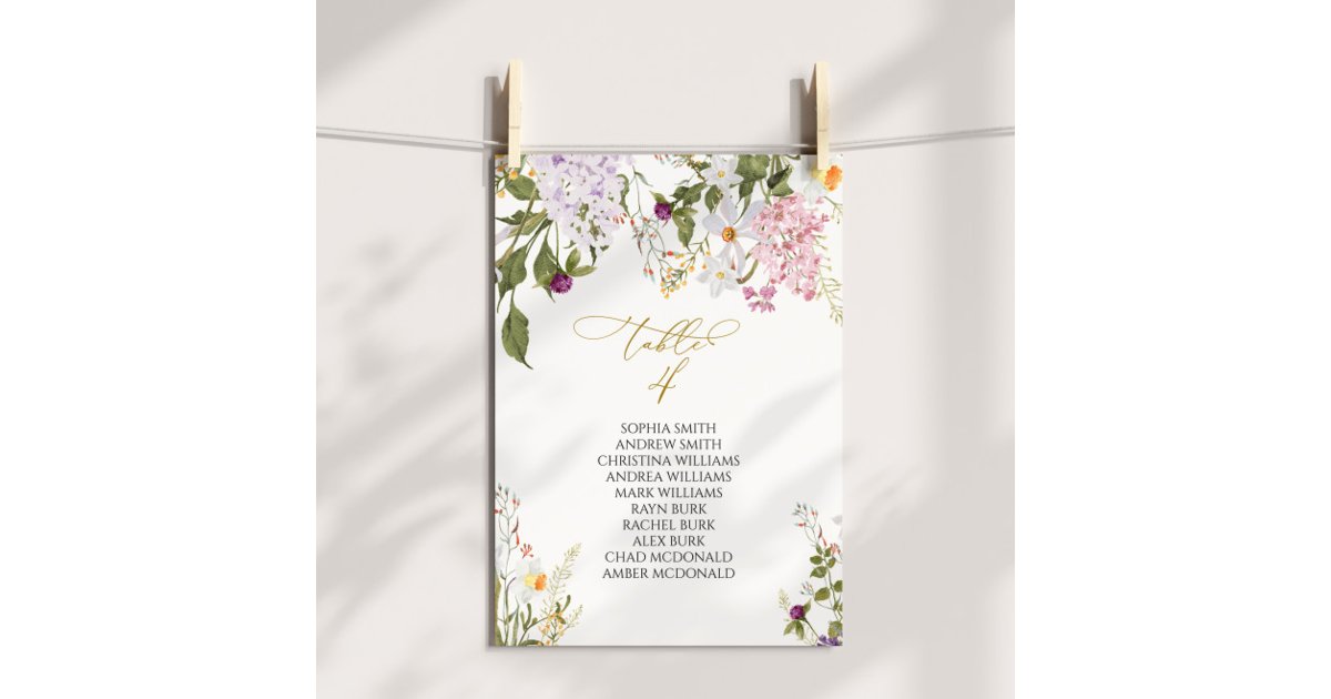 Wildflowers Wedding Table Number 4 Seating Chart Zazzle