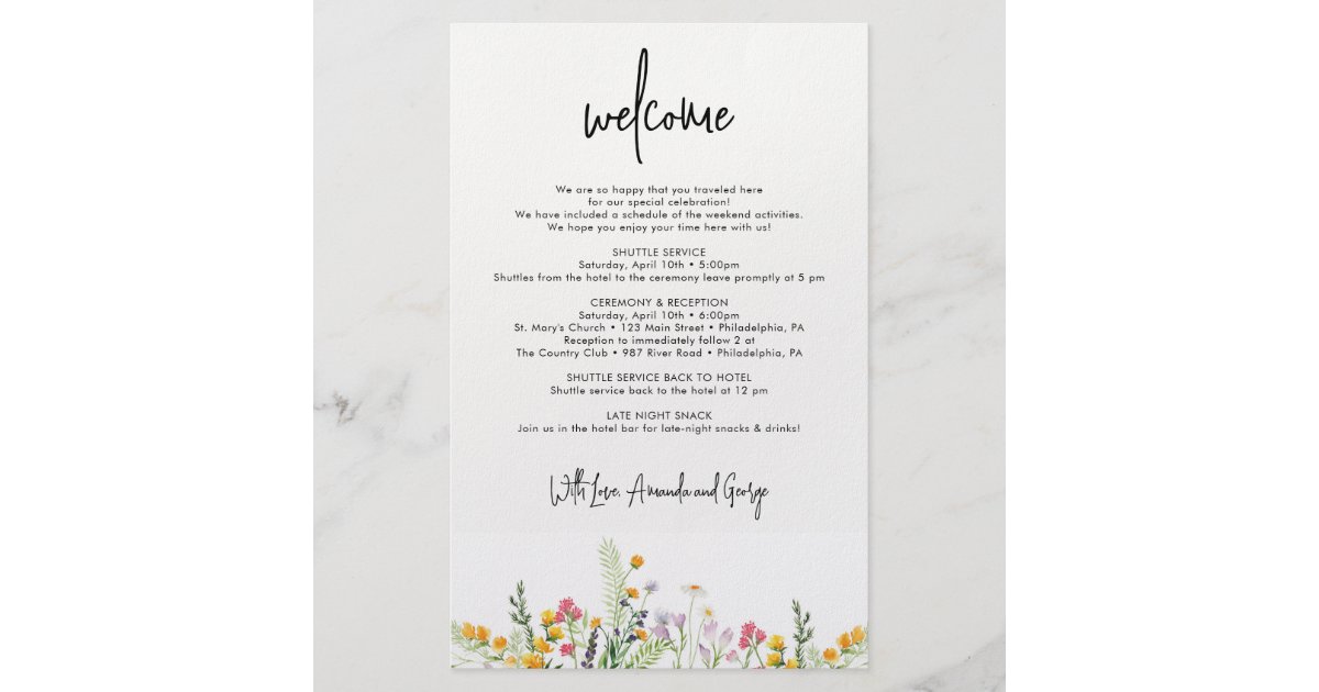 Wildflowers Wedding Welcome bag letter Flyer