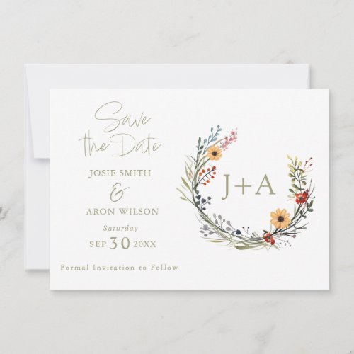 Wildflowers Wedding Wreath with Initials Save The Date