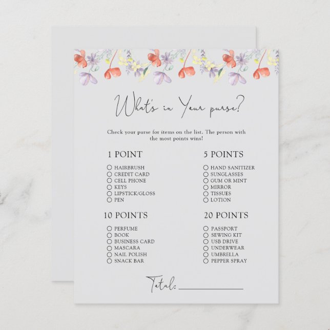 Wildflowers Whats in your purse game (Front/Back)