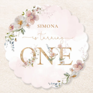 Wildflowers Wild One blush pink girl birthday Paper Coaster