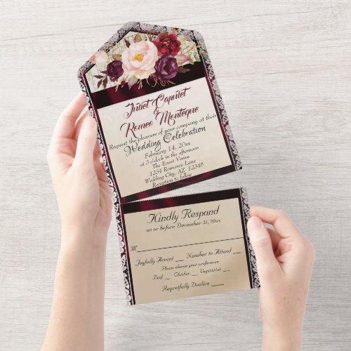 Wildflowers with Burgundy Ribbon Lace  Lights Al All In One Invitation