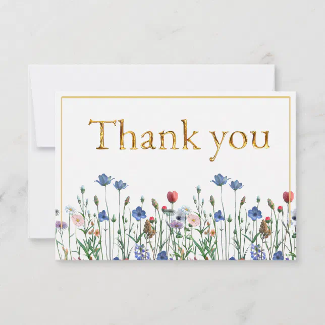 Wildflowers with Elegant Gold Script Thank you Card | Zazzle