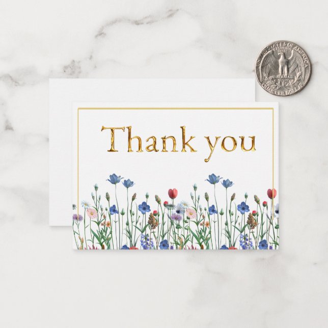 Wildflowers with Elegant Gold Script Thank you Note Card (Front/Back In Situ)