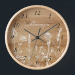 Wildflowers  Wood Background Rustic Numbers Clock<br><div class="desc">White floral line art wildflowers on a faux wood background. Customize this elegant numbers clock with your name.</div>
