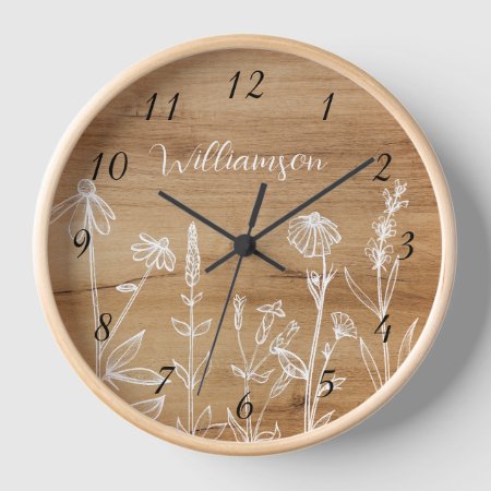 Wildflowers  Wood Background Rustic Numbers Clock