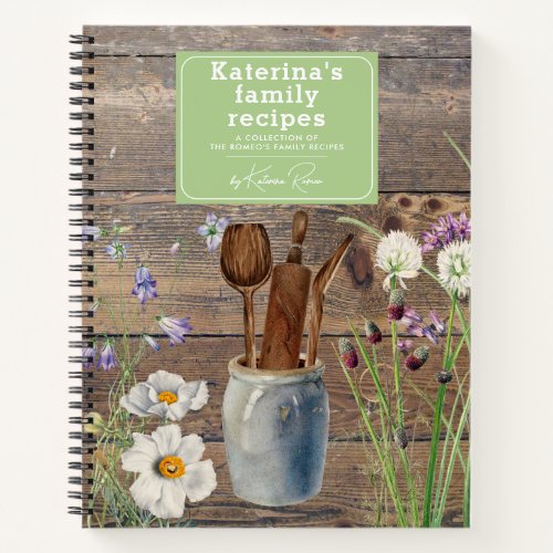Wildflowers Wood Kitchen Utensils Family Recipe Notebook