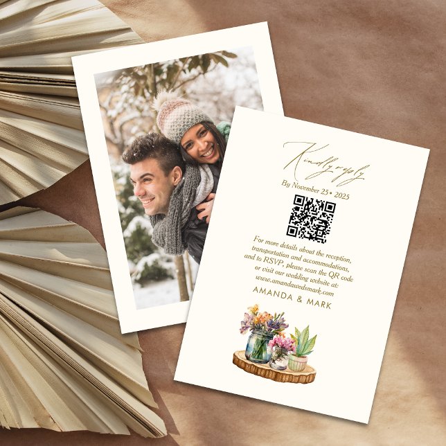 Wildflowers wood Mason Jars Boho Bohemian Wed RSVP Card (Creator Uploaded)