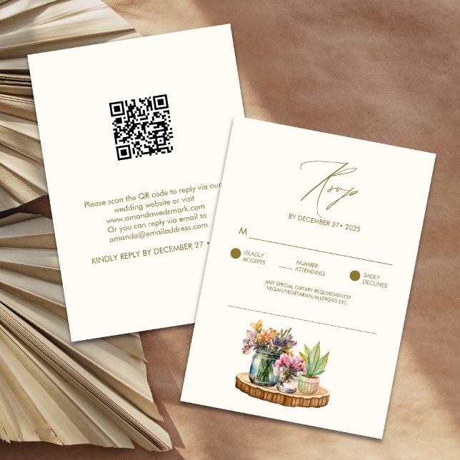 Wildflowers wood Mason Jars Boho Bohemian Wedding  RSVP Card (Creator Uploaded)