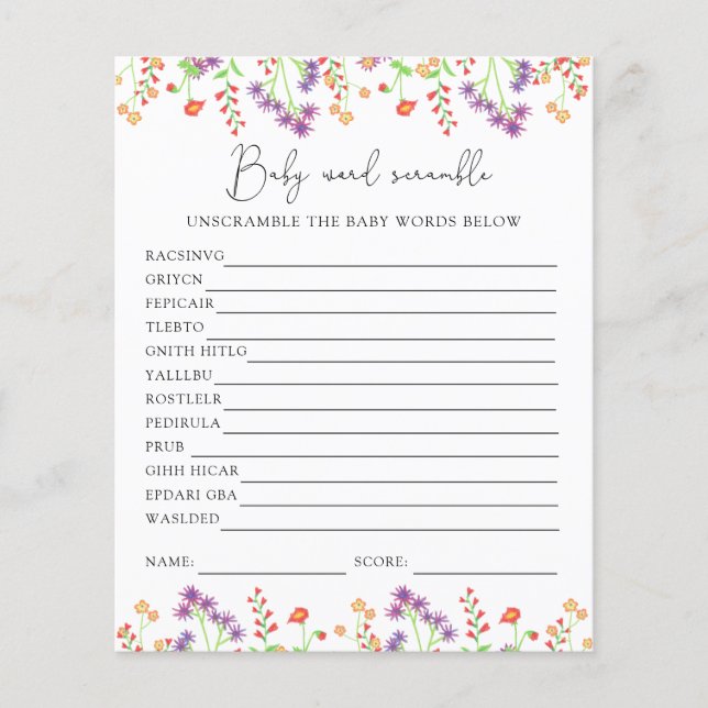 Wildflowers Word Scramble | Baby Shower Game (Front)