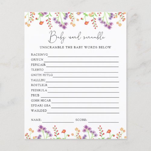 Wildflowers Word Scramble  Baby Shower Game