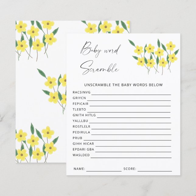 Wildflowers Word scramble baby shower game (Front/Back)