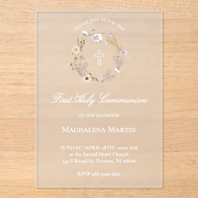 wildflowers wreath First Holy Communion girl Acrylic Invitations (Front)