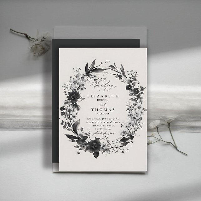 Wildflowers Wreath Modern Chic Elegant Wedding Invitation (wildflowers wedding invitation black white floral wreath frame elegant modern romantic boho)