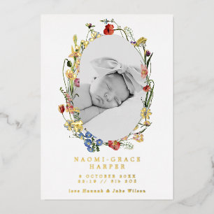 Wildflowers Wreath Photo Birth Announcement Foil
