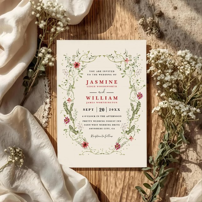 Wildflowers Wreath Red Flowers QR Code Wedding Invitation (Creator Uploaded)