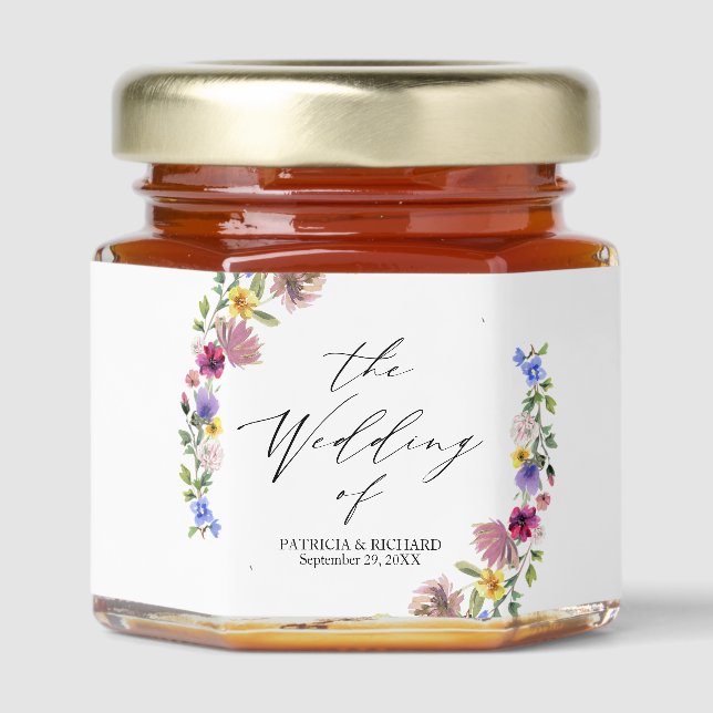 Wildflowers Wreath Spring Wedding Honey Jar Favors (Front)
