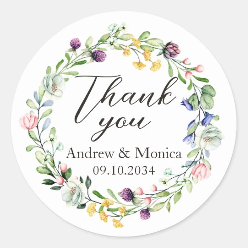 Wildflowers Wreath Wedding Favors Thank You Classic Round Sticker