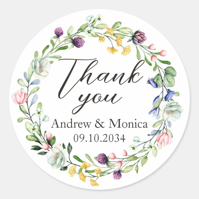 Wildflowers Wreath Wedding Favors Thank You Classic Round Sticker (Front)