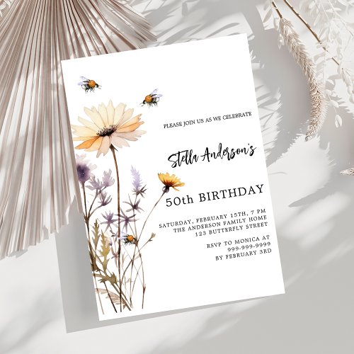 Wildflowers yellow purple luxury birthday invitation