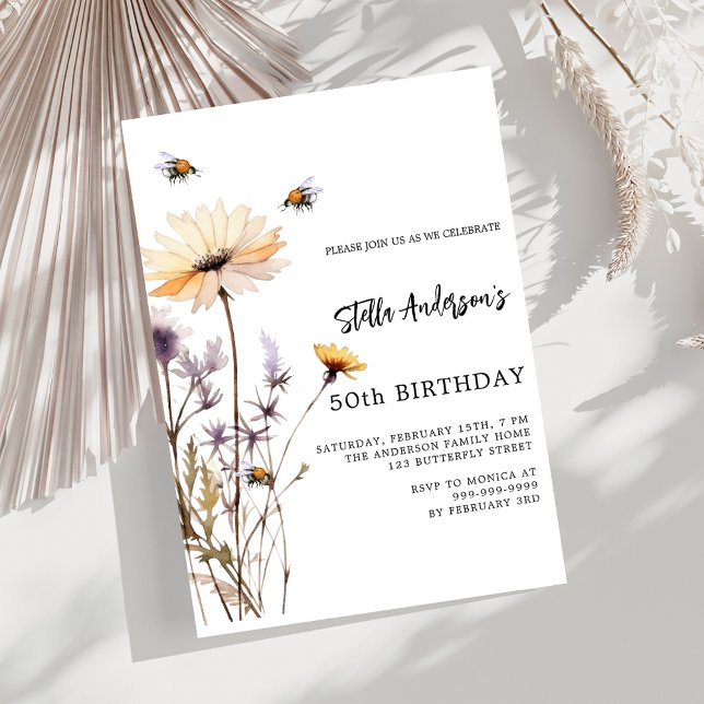 Wildflowers yellow purple luxury birthday invitation (Creator Uploaded)