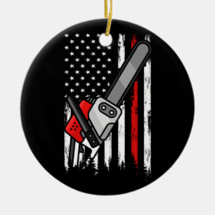 Wildland Firefighter Chainsaw Red Line American Fl Ceramic Ornament