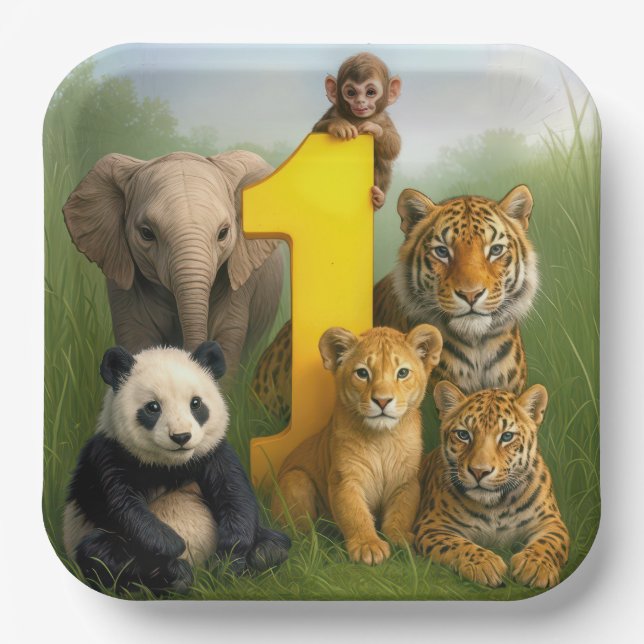 Wildlife Animal Babies With a Number One Paper Plates (Front)