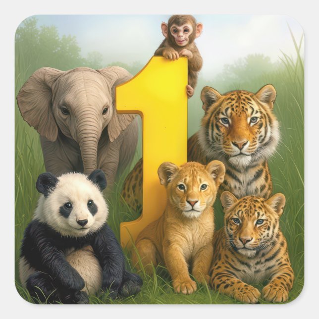 Wildlife Animal Babies With a Number One Square Sticker (Front)
