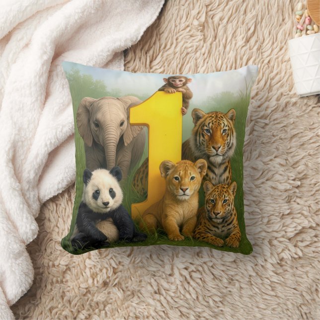 Wildlife Animal Babies With a Number One Throw Pillow (Blanket)
