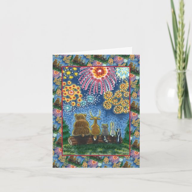 WILDLIFE ANIMALS 4TH OF JULY FIREWORKS, CUTE Blank Holiday Card (Front)