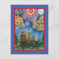 WILDLIFE ANIMALS 4TH OF JULY FIREWORKS, CUTE Funny Holiday Postcard