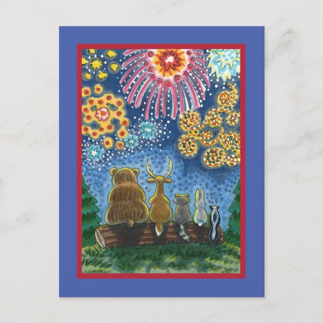 WILDLIFE ANIMALS 4TH OF JULY FIREWORKS, CUTE Funny Holiday Postcard (Front)