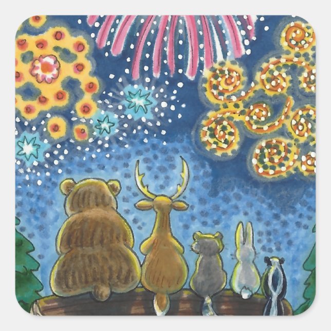 WILDLIFE ANIMALS 4TH OF JULY FIREWORKS, CUTE Funny Square Sticker (Front)