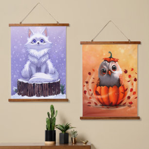 wildlife animals autumn to winter : owl & fox hanging tapestry