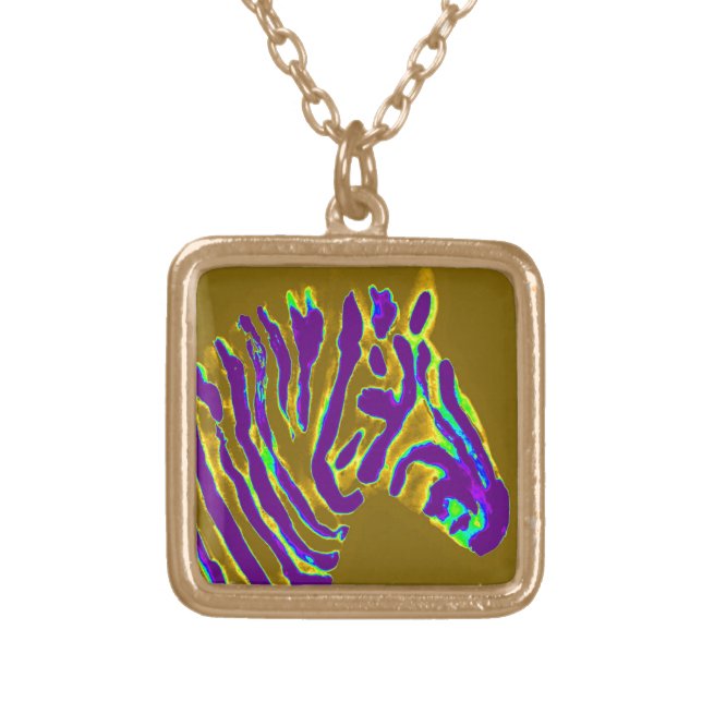 Wildlife Art Purple Gold Zebra Gold Plated Necklace (Front)