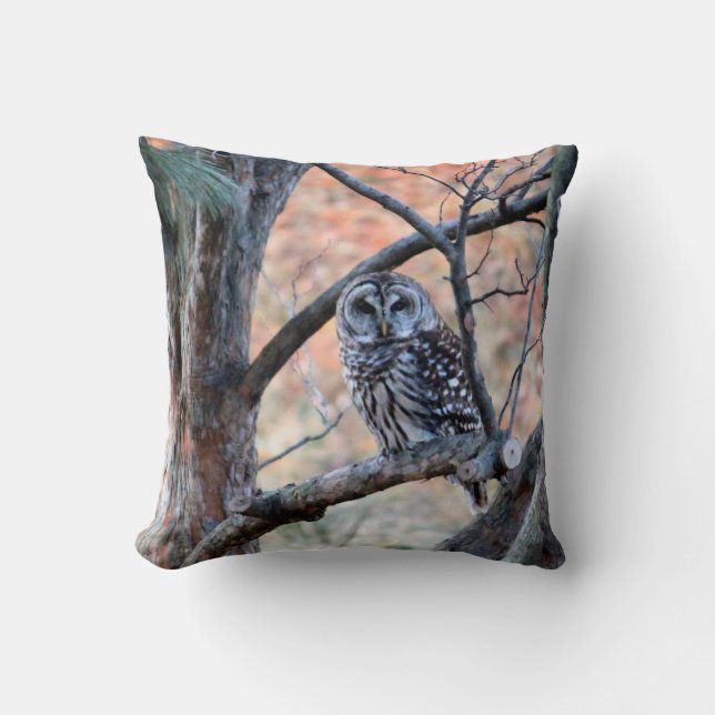 Wildlife Barred Owl Tree Photo Throw Pillow (Front)