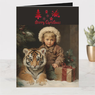 Wildlife Child Tiger Christmas Vintage Holiday  Card