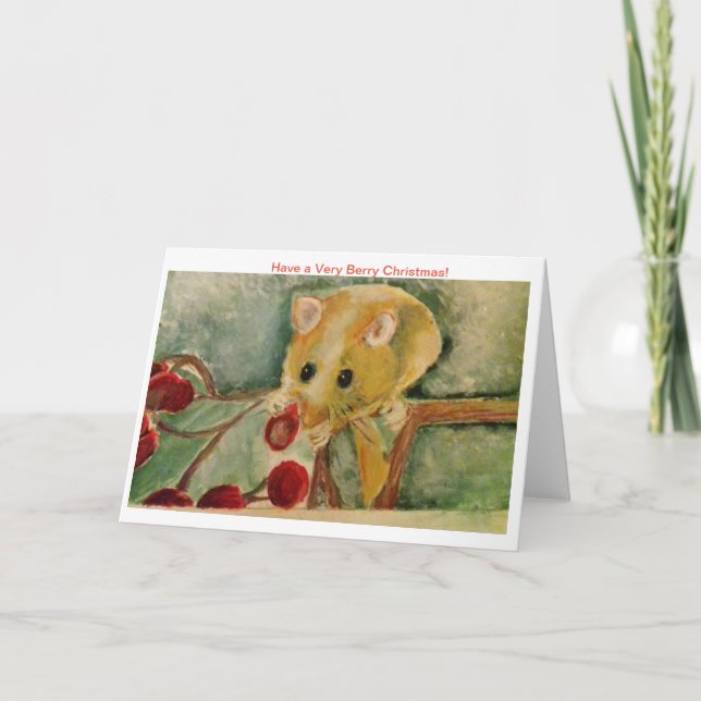 Wildlife Christmas Card Field Mouse eating Berries (Front)
