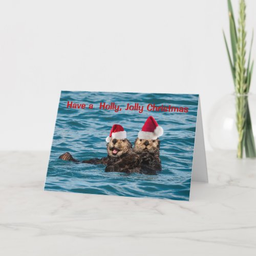 Wildlife Christmas Card Otters Wearing Santa Hats Holiday Card
