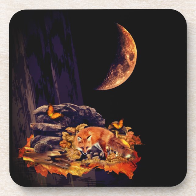Wildlife collage with fox, hedgehog and amber moon beverage coaster (Front)