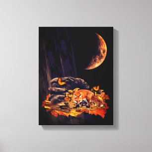 Wildlife collage with fox, hedgehog and amber moon canvas print