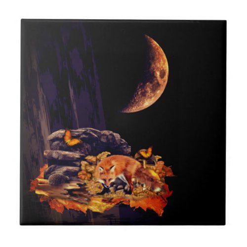 Wildlife collage with fox hedgehog and amber moon ceramic tile