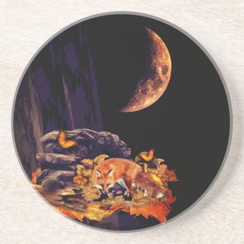 Wildlife collage with fox hedgehog and amber moon coaster