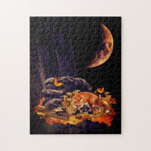 Wildlife collage with fox, hedgehog and amber moon jigsaw puzzle
