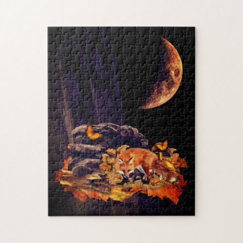 Wildlife collage with fox hedgehog and amber moon jigsaw puzzle