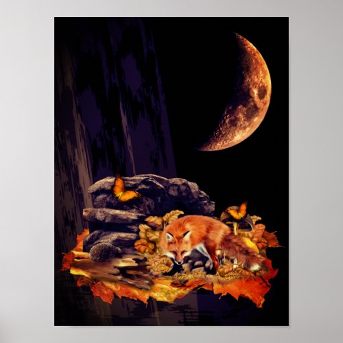 Wildlife collage with fox hedgehog and amber moon poster