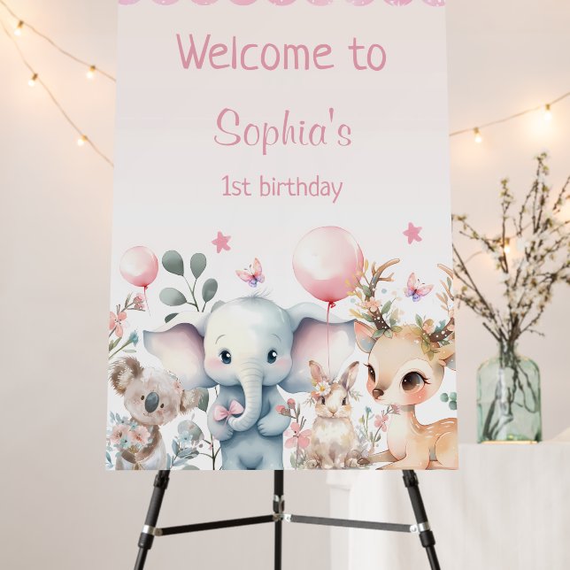 Wildlife Cute Animals Pink Birthday Party Foam Board (In Situ (Stand))